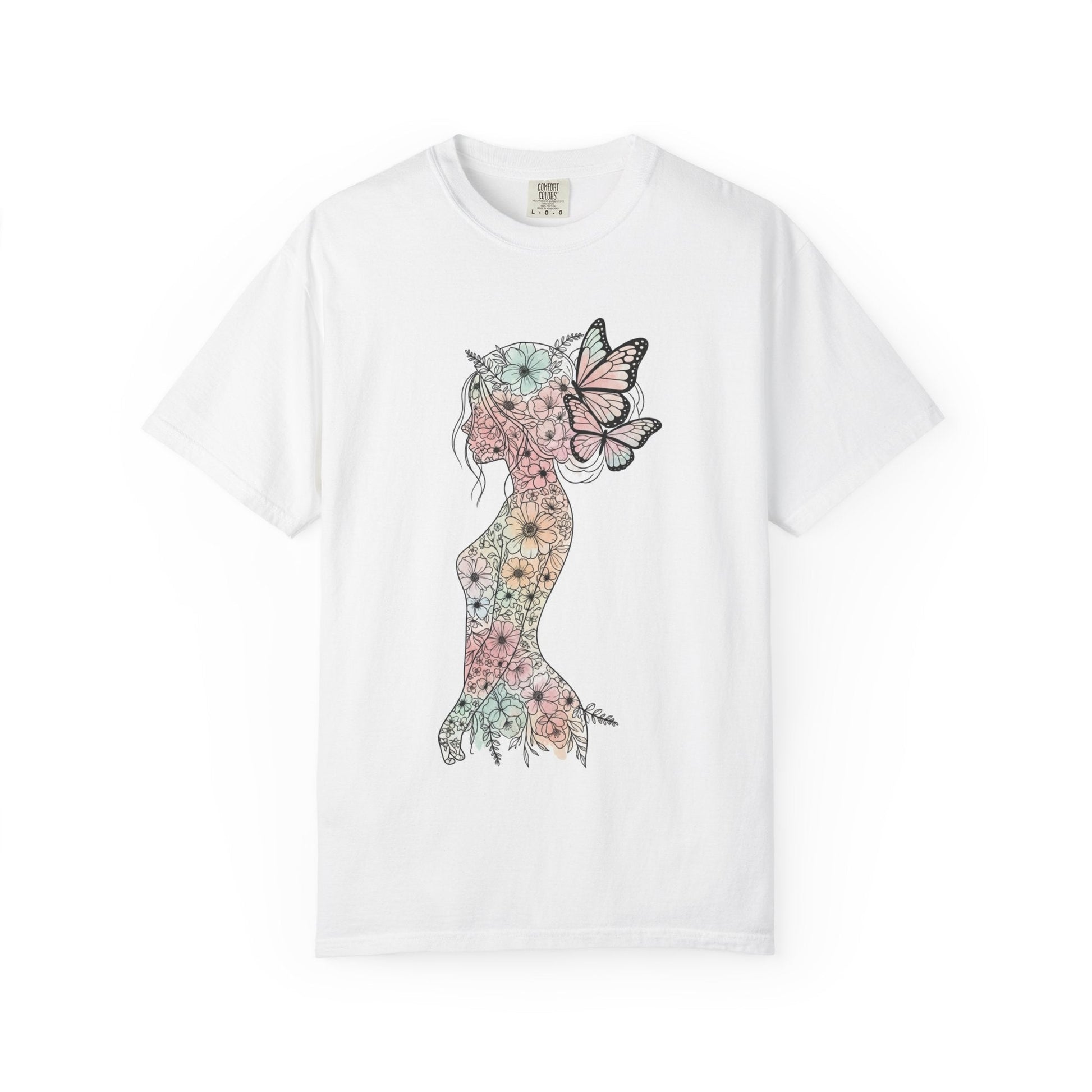 Whimsical Butterfly Silhouette T-shirt | Floral Art Tee, Nature Lover Gift, Boho Style Shirt, Summer Wardrobe Essential, Unique Graphic Top Printify