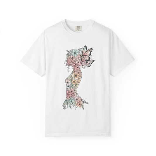 Whimsical Butterfly Silhouette T-shirt | Floral Art Tee, Nature Lover Gift, Boho Style Shirt, Summer Wardrobe Essential, Unique Graphic Top Printify