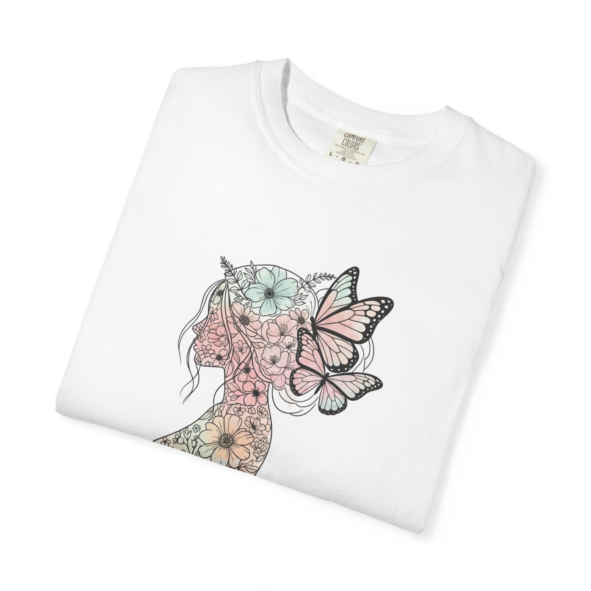 Whimsical Butterfly Silhouette T-shirt | Floral Art Tee, Nature Lover Gift, Boho Style Shirt, Summer Wardrobe Essential, Unique Graphic Top Printify