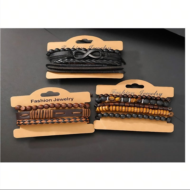 12-piece Vintage Men's Bracelet Set - Woven Leather, Tiger's Eye And Moonstone Beads, Synthetic Rope, Stylish Jewelry For Casual And Party Wear - M/S TMC India