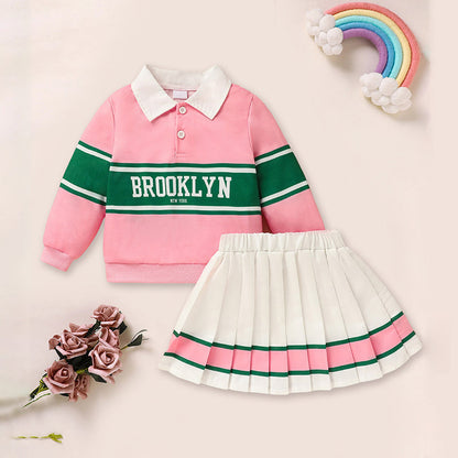 Toddler Girls 2 Piece Outfit Colorblock Letter Graphic Print Sweatshirt And Pleated Skirt Set CJ