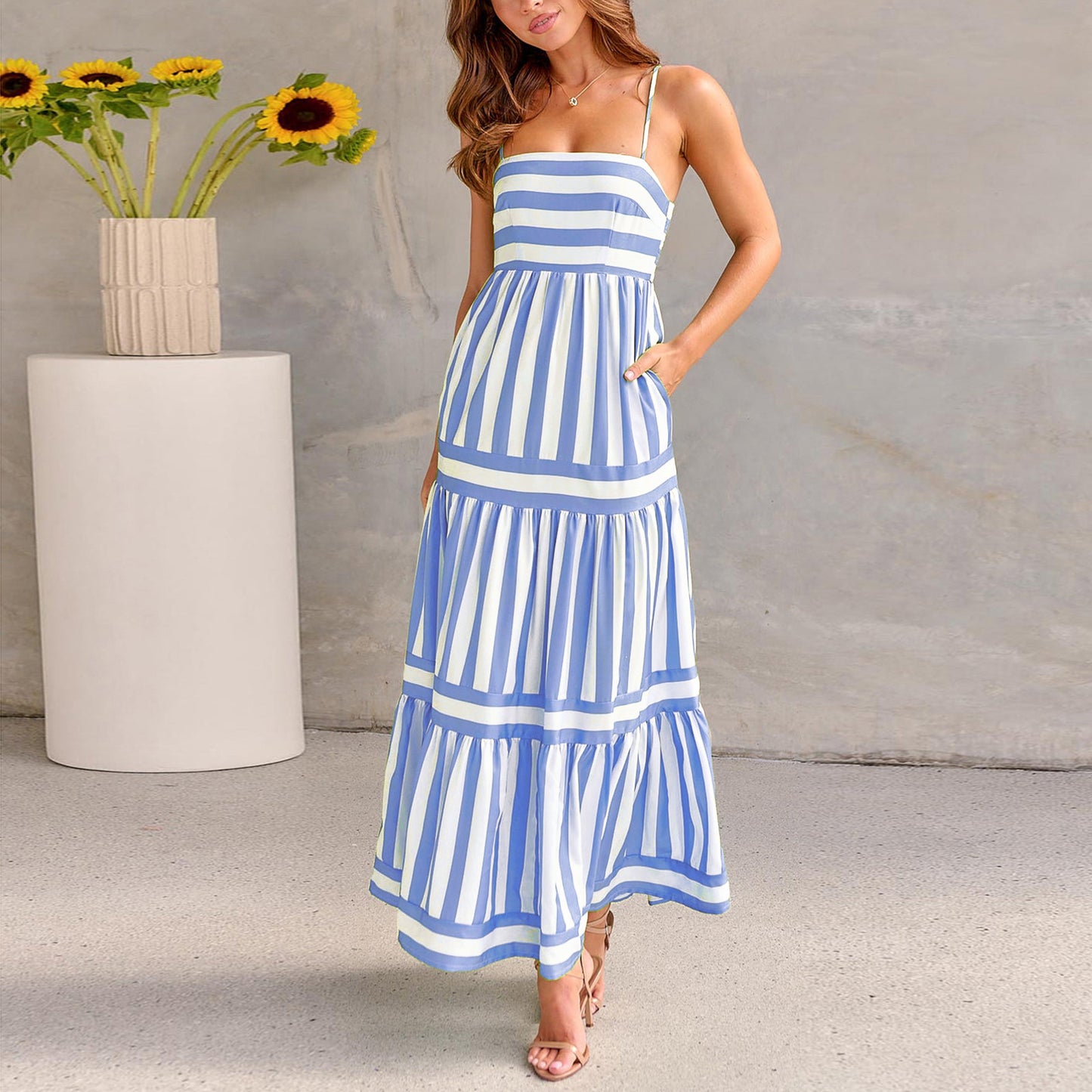 Summer Striped Printed Suspender Long Dress With Pockets Fashion Square Neck Backless Dresses For Beach Vacation Women Clothing - M/S TMC India