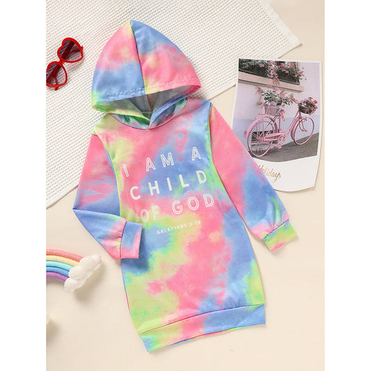 Toddler Girls Long Sleeve Tie Dye Hooded Dress Adorable & Comfortable Daily Wear For Kids CJ