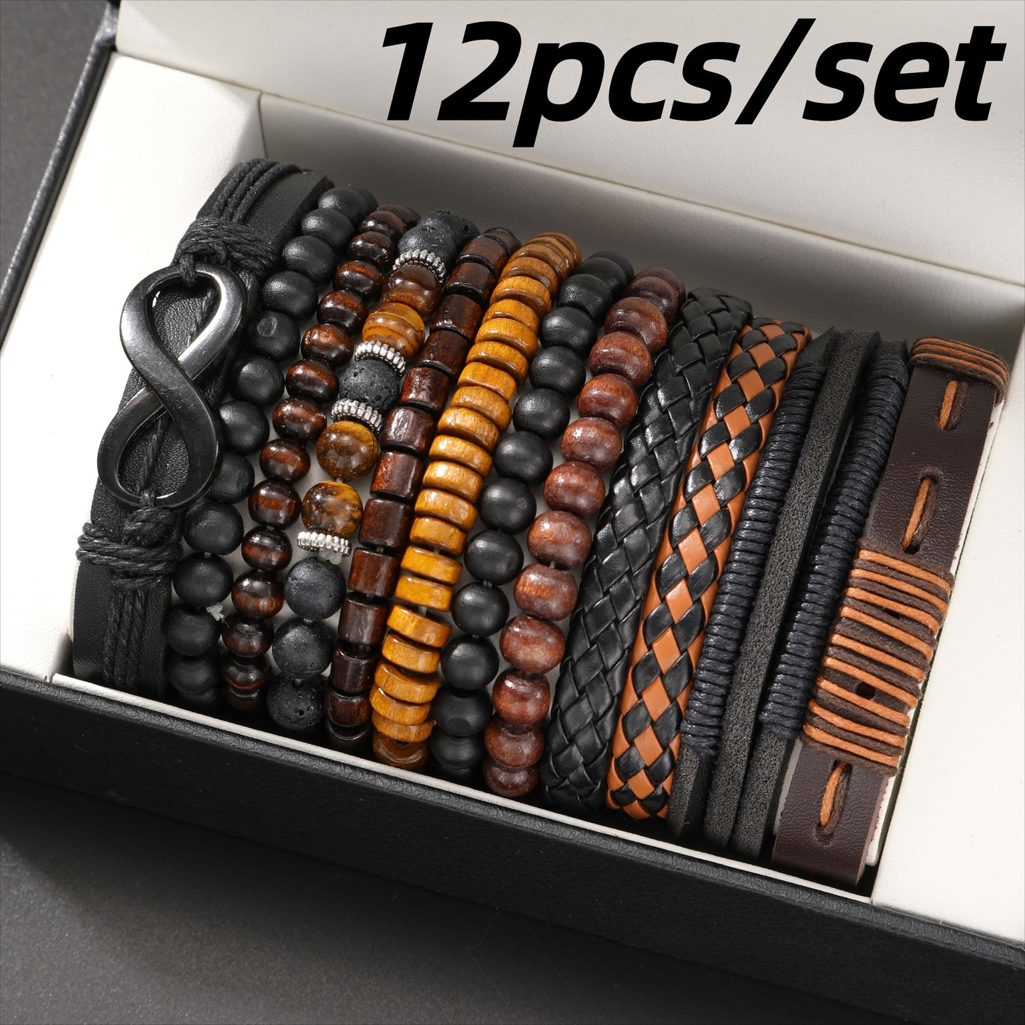 12-piece Vintage Men's Bracelet Set - Woven Leather, Tiger's Eye And Moonstone Beads, Synthetic Rope, Stylish Jewelry For Casual And Party Wear - M/S TMC India