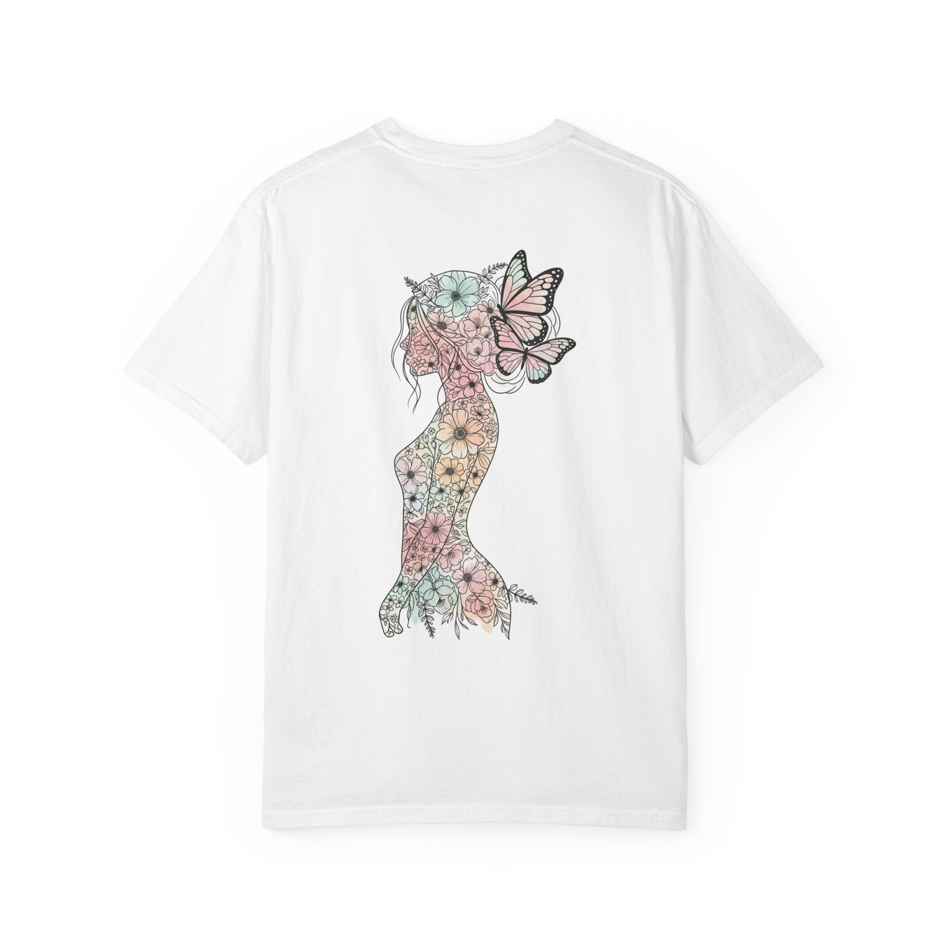 Whimsical Butterfly Silhouette T-shirt | Floral Art Tee, Nature Lover Gift, Boho Style Shirt, Summer Wardrobe Essential, Unique Graphic Top Printify