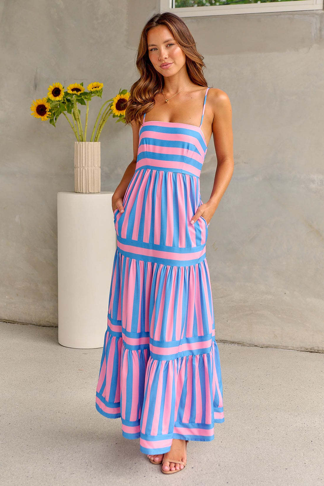 Summer Striped Printed Suspender Long Dress With Pockets Fashion Square Neck Backless Dresses For Beach Vacation Women Clothing - M/S TMC India