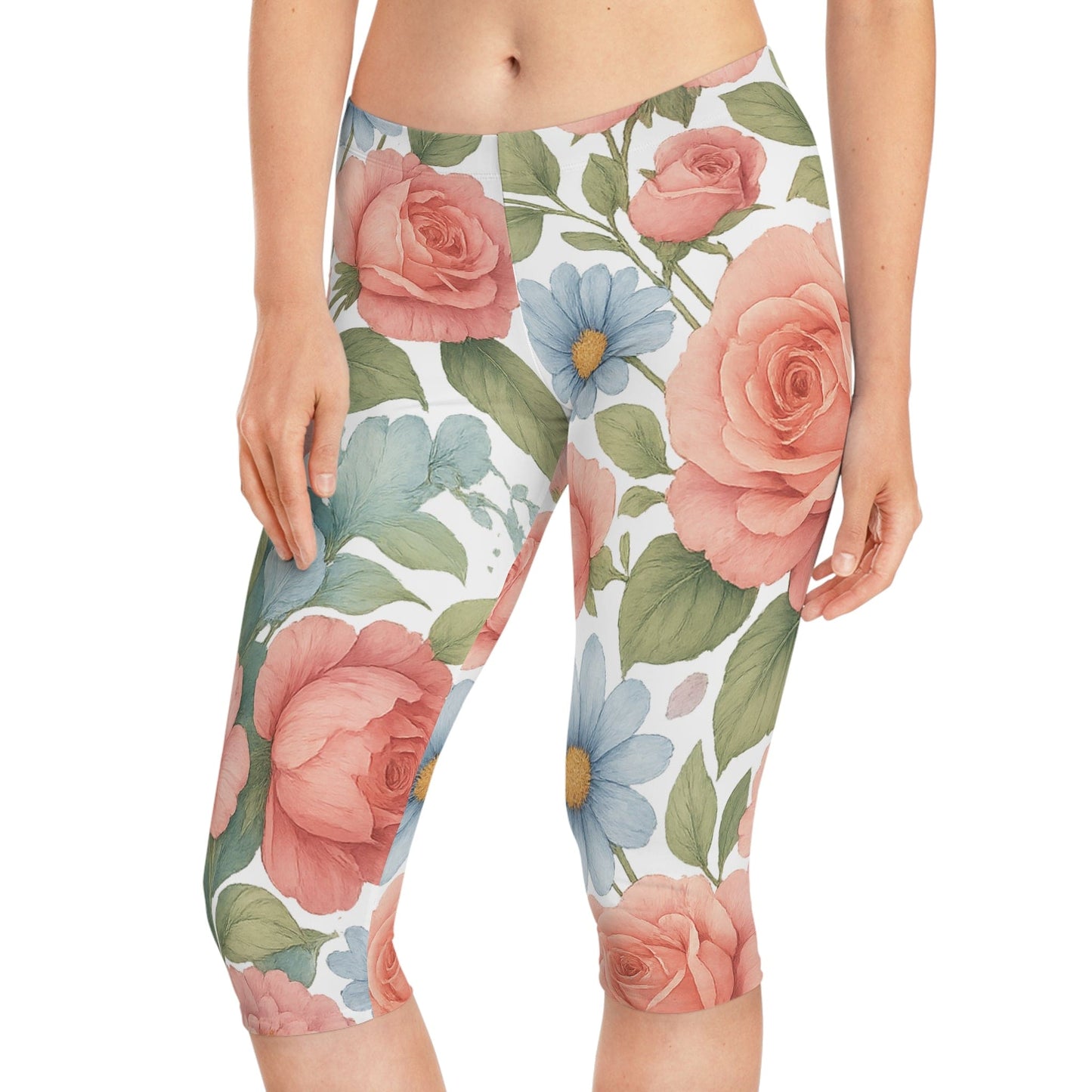 Floral Print Capri Leggings, Women's Floral Leggings, Summer Leggings, Fitness Wear, Yoga Pants, Comfortable Casual Wear Printify