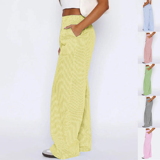 Striped Trousers With Pockets Ins Fashion Casual Wide Leg Straight Pants For Women Clothing CJ
