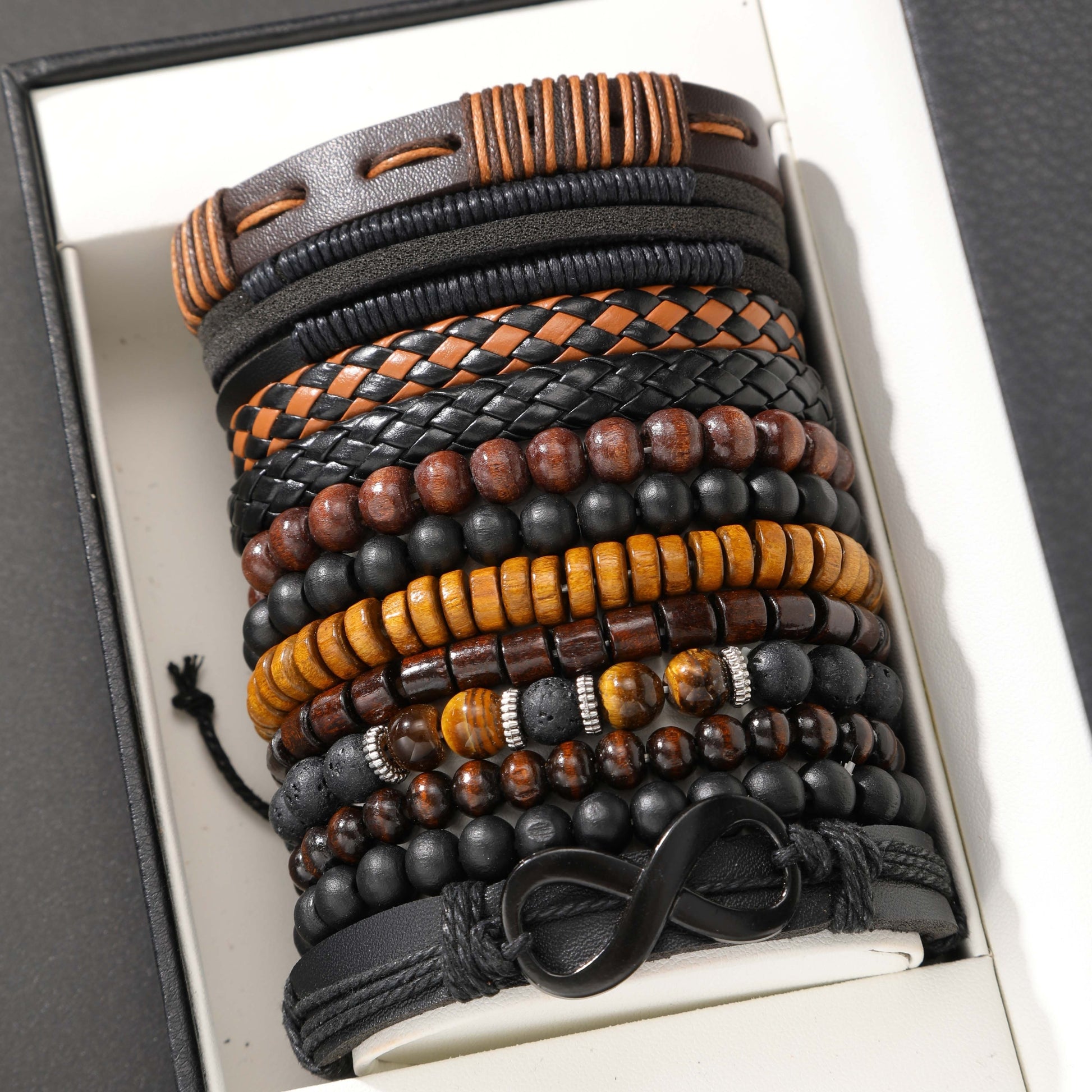 12-piece Vintage Men's Bracelet Set - Woven Leather, Tiger's Eye And Moonstone Beads, Synthetic Rope, Stylish Jewelry For Casual And Party Wear - M/S TMC India