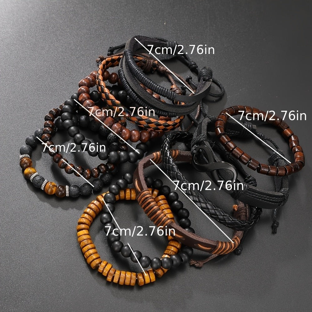 12-piece Vintage Men's Bracelet Set - Woven Leather, Tiger's Eye And Moonstone Beads, Synthetic Rope, Stylish Jewelry For Casual And Party Wear - M/S TMC India