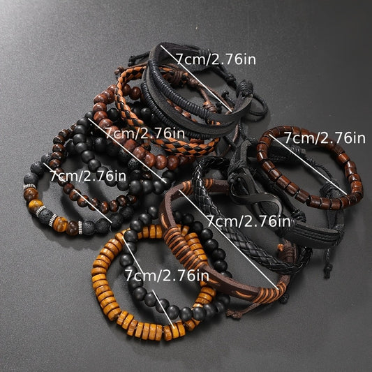 12-piece Vintage Men's Bracelet Set - Woven Leather, Tiger's Eye And Moonstone Beads, Synthetic Rope, Stylish Jewelry For Casual And Party Wear - M/S TMC India