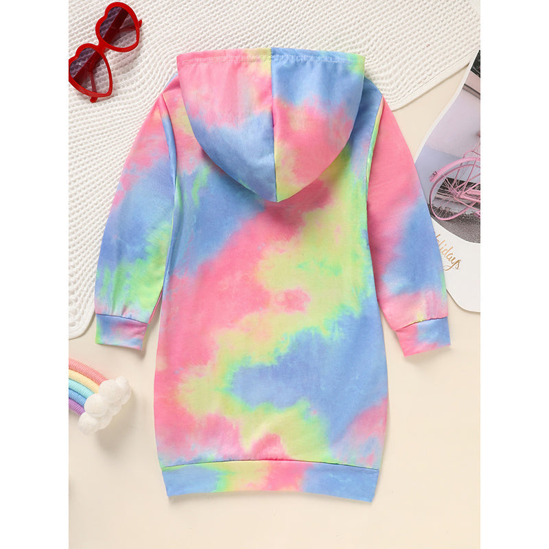 Toddler Girls Long Sleeve Tie Dye Hooded Dress Adorable & Comfortable Daily Wear For Kids CJ