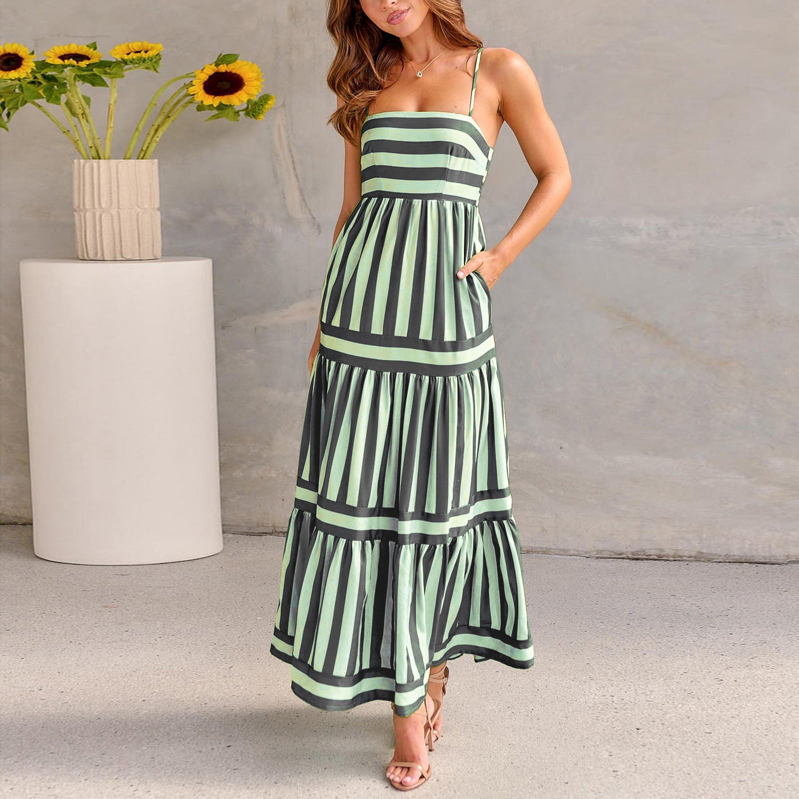 Summer Striped Printed Suspender Long Dress With Pockets Fashion Square Neck Backless Dresses For Beach Vacation Women Clothing - M/S TMC India