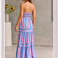 Summer Striped Printed Suspender Long Dress With Pockets Fashion Square Neck Backless Dresses For Beach Vacation Women Clothing CJ