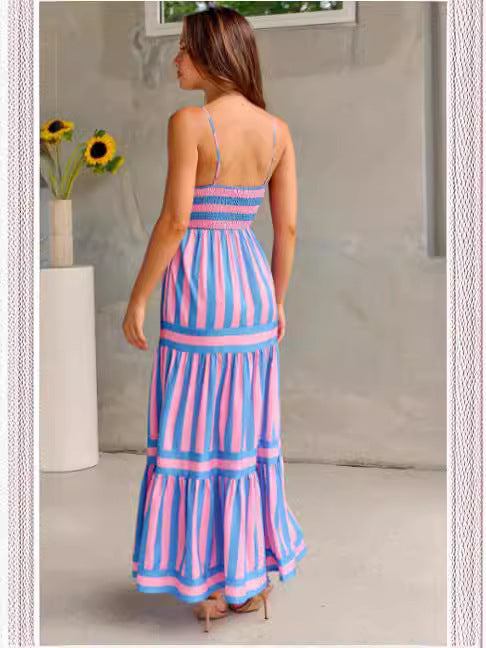 Summer Striped Printed Suspender Long Dress With Pockets Fashion Square Neck Backless Dresses For Beach Vacation Women Clothing CJ